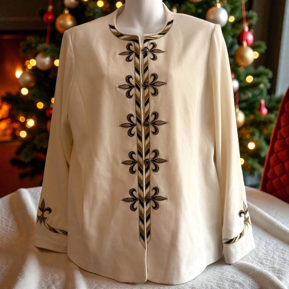 Vintage Bob Mackie Wearable Art Embroidered Ivory Jacket | 1990s | Size Small